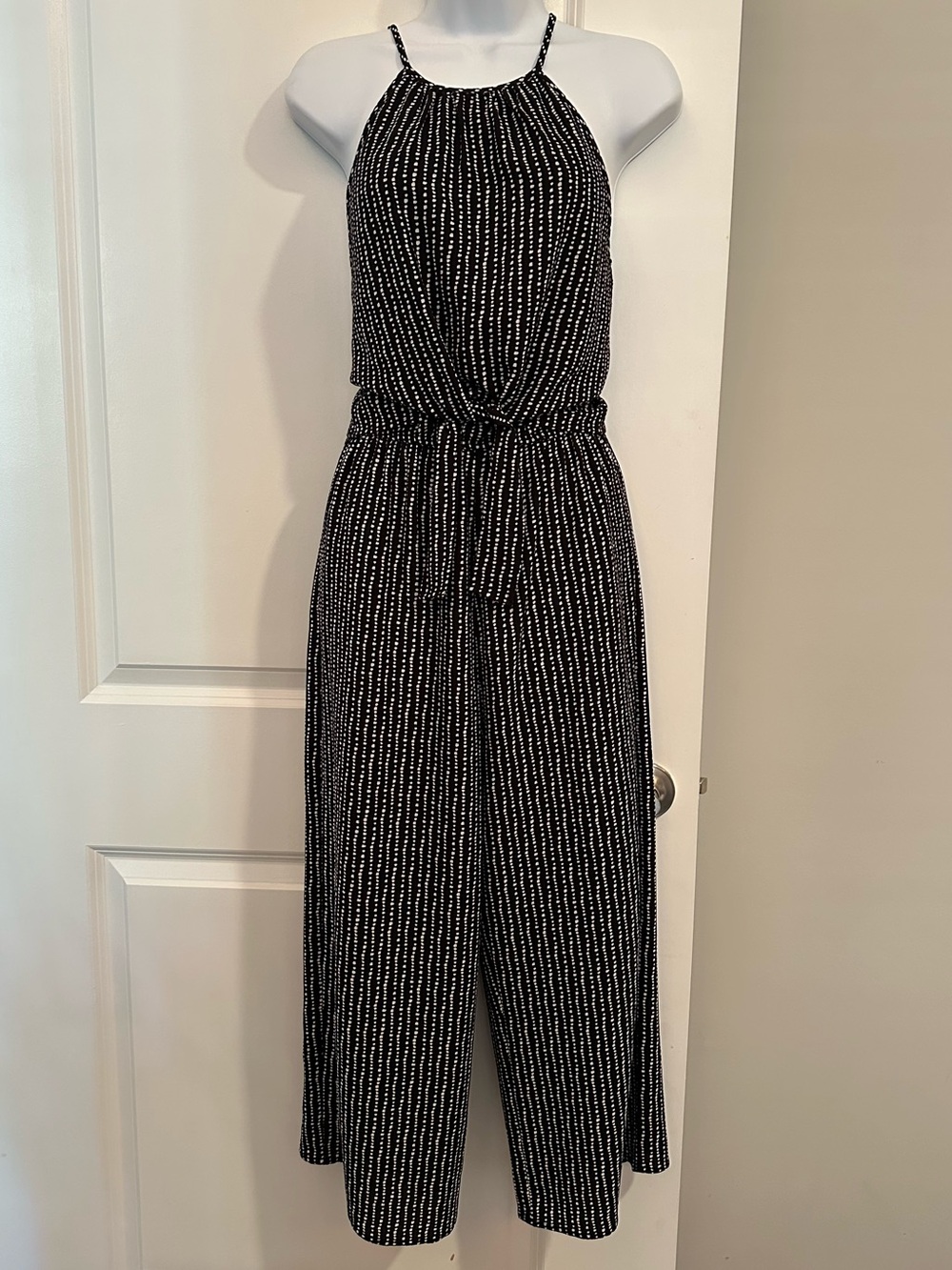 Speechless Cropped Leg Black Halter Jumpsuit with White Polka Dots Size Small